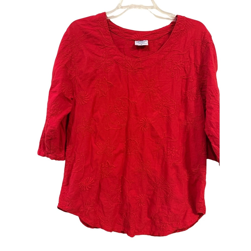 Cottonseed Wear Red Embroidered Nautical Starfish Shell Cotton Blouse Womens M